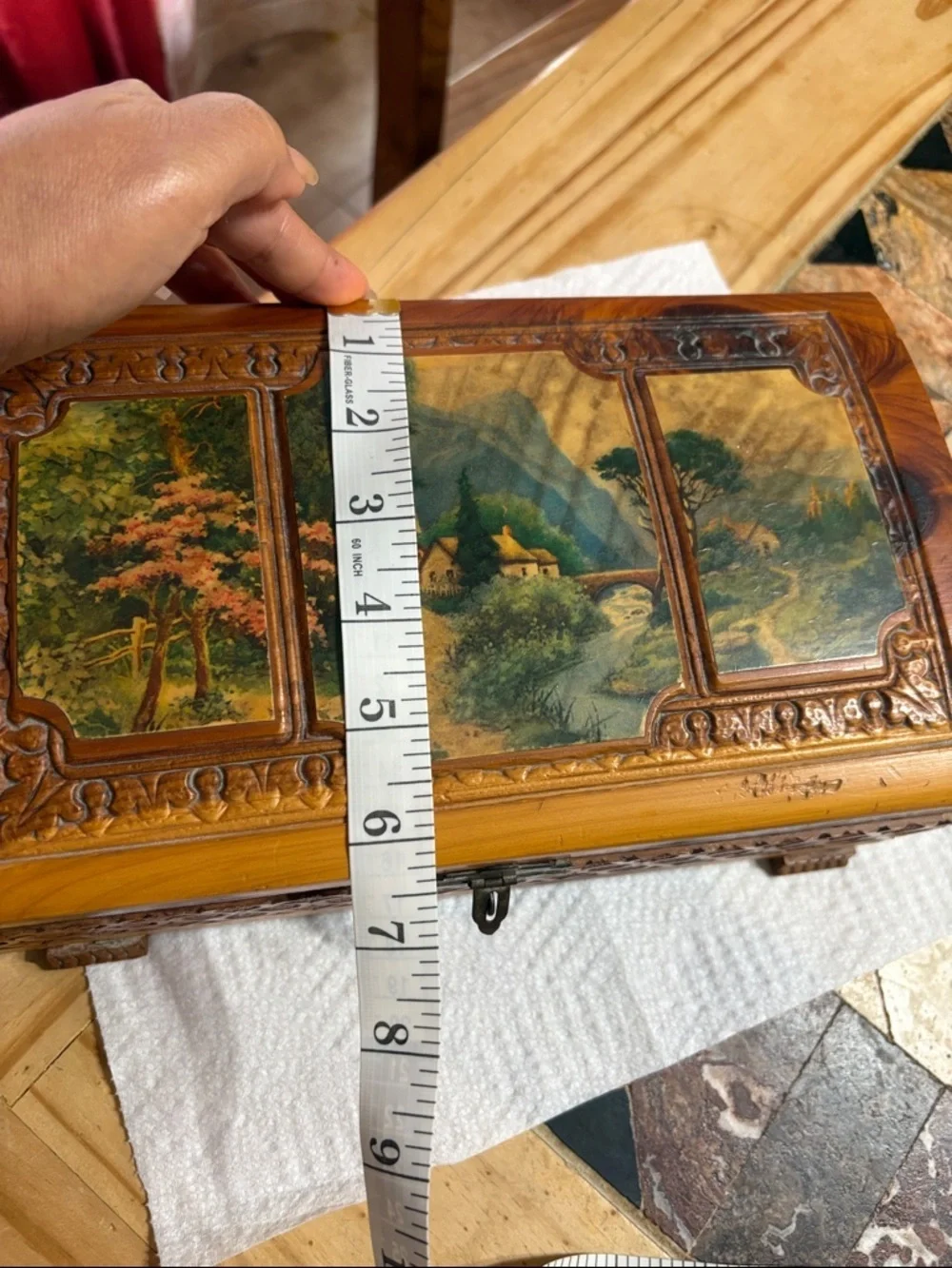 Vintage Hand-Carved Wooden Jewelry Box with Scenic Inlay - Brown & Green